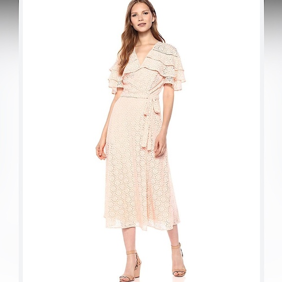 TAYLOR Tiered Lace V Neck A Line Wrap maxi Dress Size 8 Barbie Peach Cocktail - Picture 1 of 14